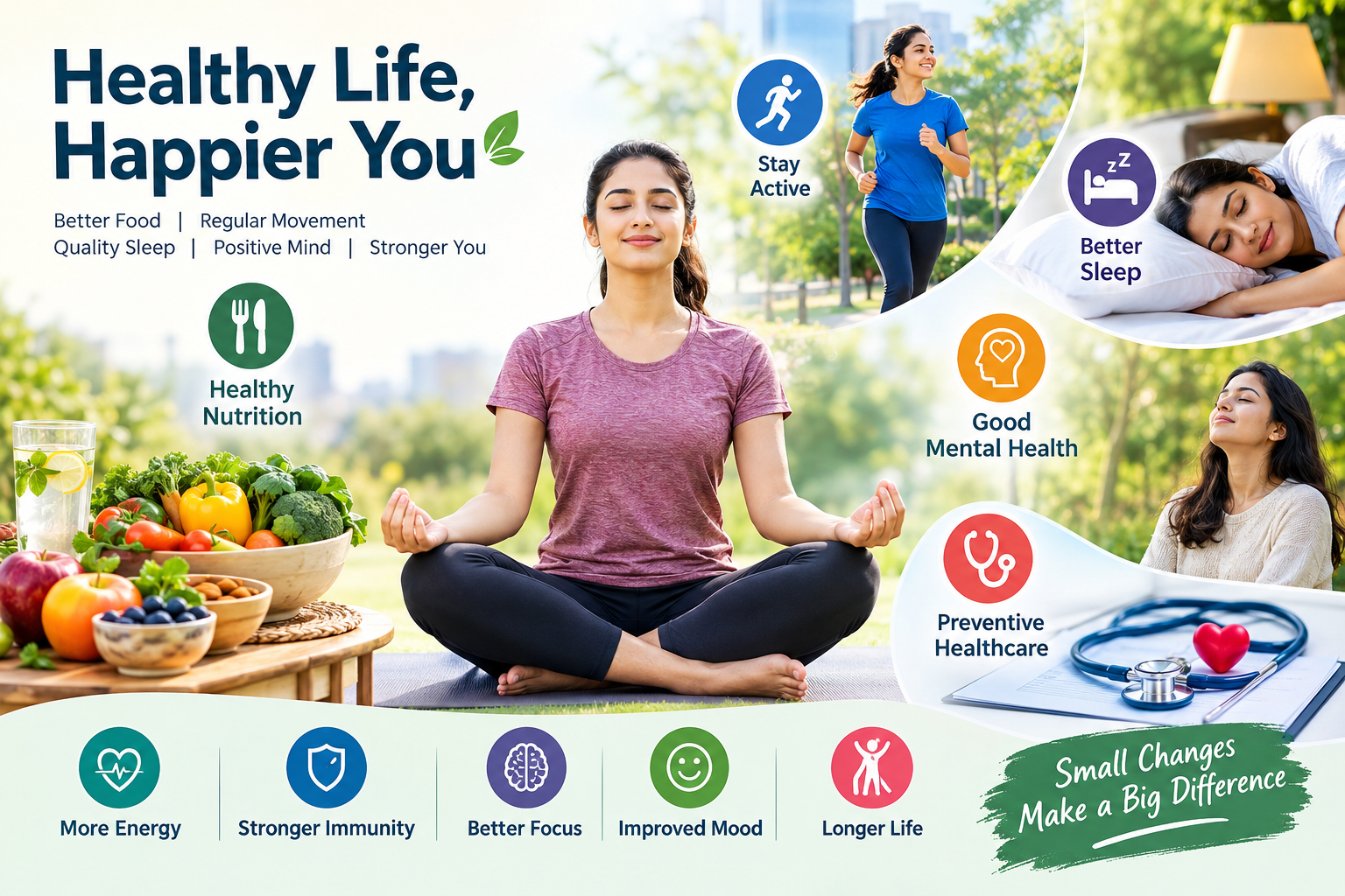 Healthy lifestyle with nutritious food, regular exercise, mental wellness and preventive healthcare